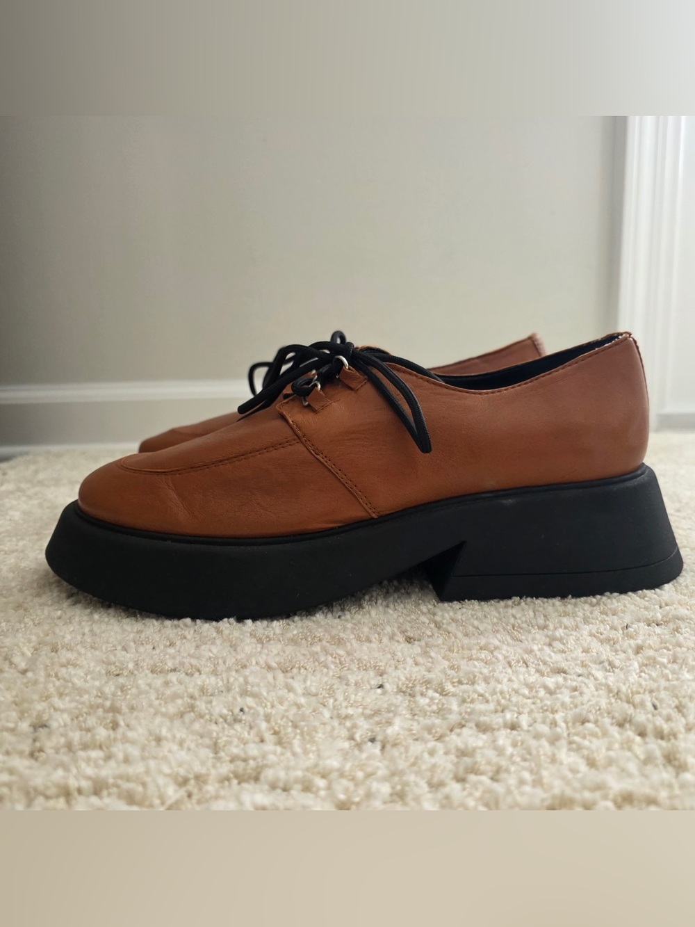 Maeve Tan Leather Lace-Up Platform Oxford with Black Sole